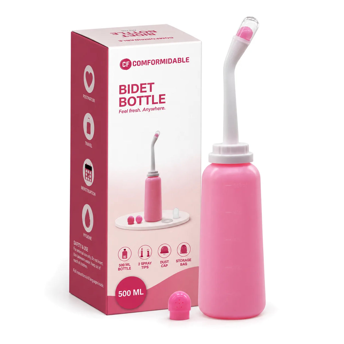 Comformidable Peri Bottle: Schachtel mit der rosa Bidetflasche mit 500 ml, gebogenem Sprühkopf und weichem Aufsatz