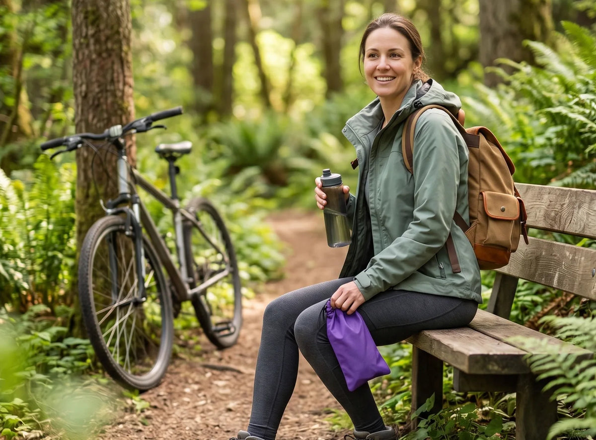 Frau auf einer Bank im Wald neben ihrem Fahrrad mit dem Aufbewahrungsbeutel der Urinierhilfe