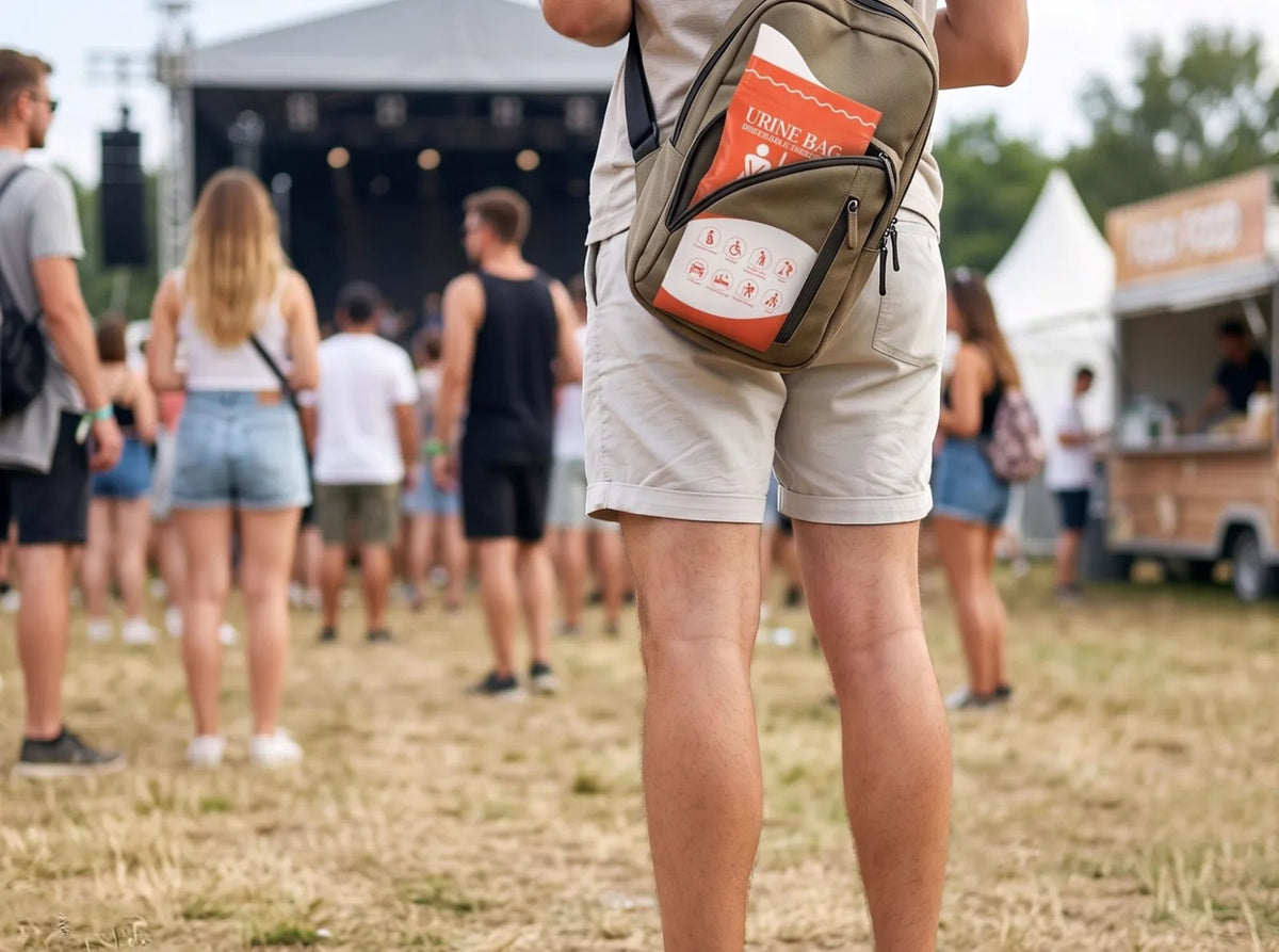 Urinbeutel in einer Bauchtasche auf einem Festival