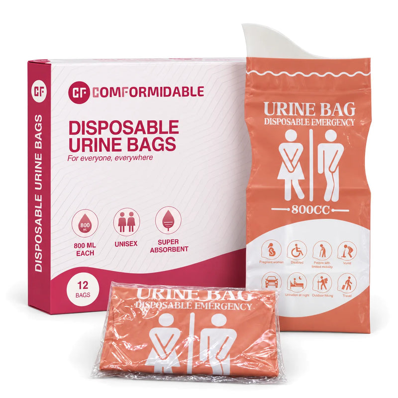 Comformidable Urinbeutel: Schachtel mit 12 Stück, ein entfalteter Urinbeutel und ein gefalteter Urinbeutel in Folie