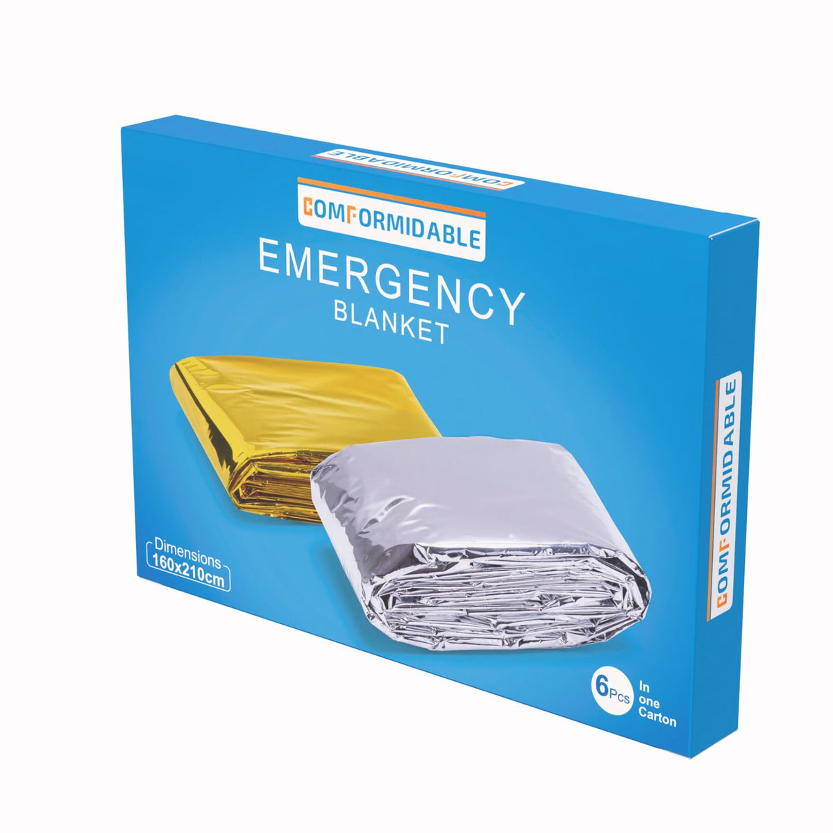 Comformidable Emergency Blanket Verpackung mit gold- und silberfarbener Rettungsdecke in Schrägansicht