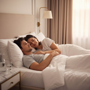 Mann mit Nasenstrip schläft zufrieden zusammen mit einer Frau im Bett
