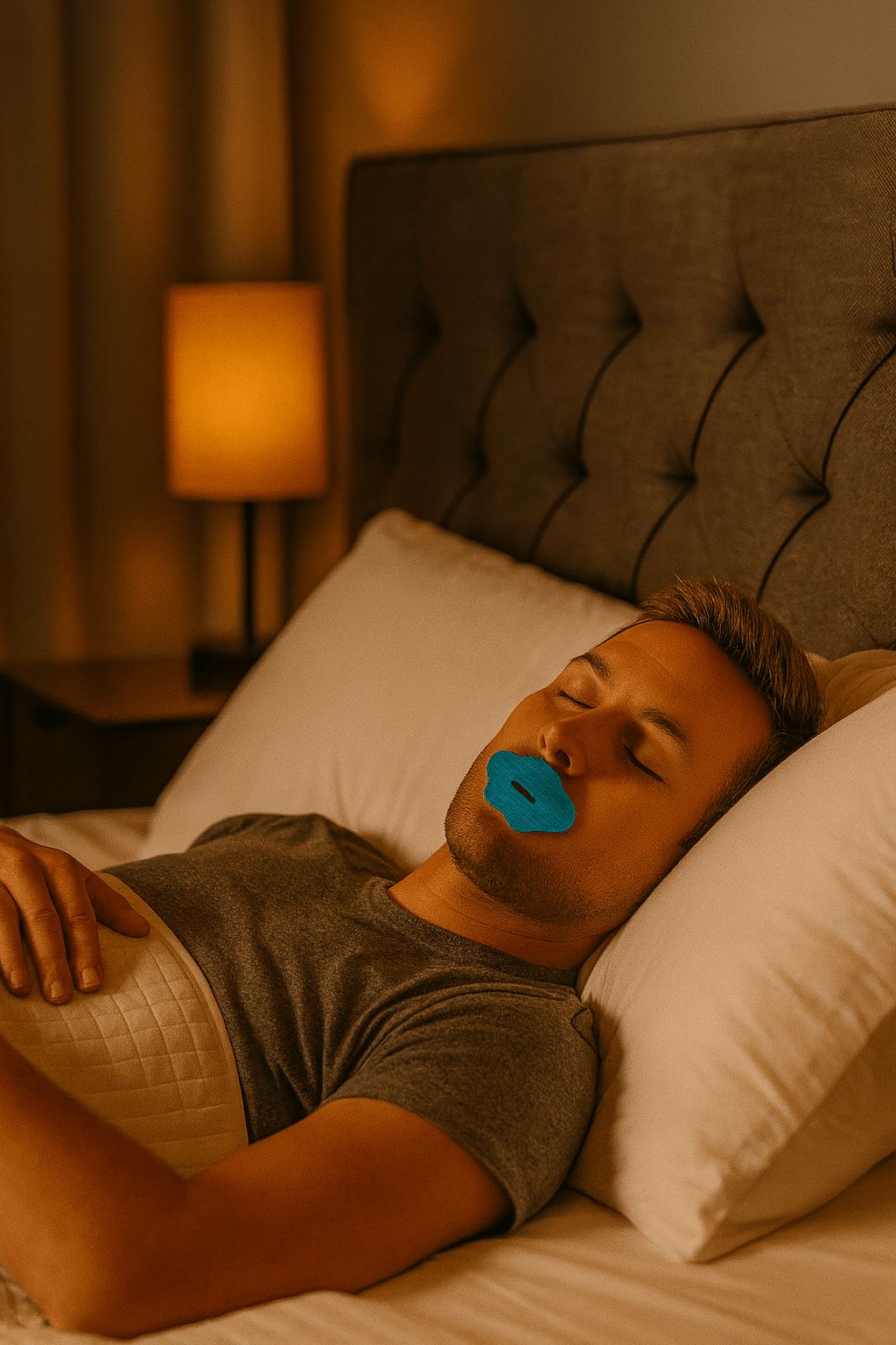 Mann im Tiefschlaf mit einem ergonomischen Mundstreifen, der hilft, eine natürliche Nasenatmung beizubehalten.