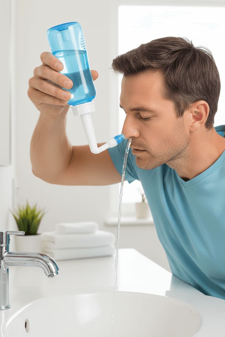 Ein Mann reinigt seine Nasenhöhlen mit einer blauen Nasenspülflasche zur Linderung bei Heuschnupfen und Erkältung.