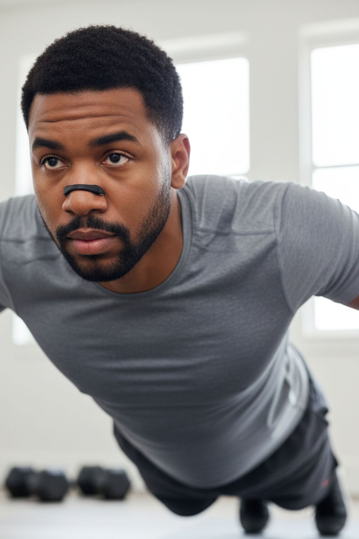 Mann trägt einen schwarzen magnetischen Nasenspreizer während eines intensiven Workouts, um leichter zu atmen.