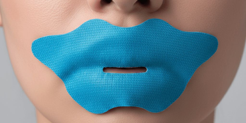Detailaufnahme eines blauen Mundpflasters mit zentralem Belüftungsloch, das die Nasenatmung im Schlaf unterstützt.