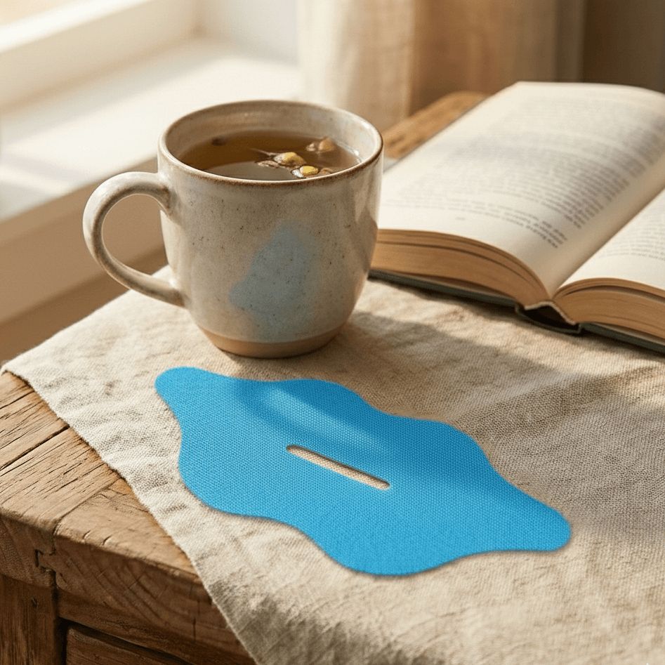 Blauer Anti-Schnarch-Mundstreifen auf einem Nachttisch neben einer Tasse Tee und einem Buch als Teil einer gesunden Abendroutine.