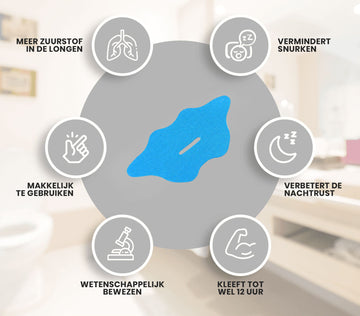 Infografik eines blauen Mouth-Tape-Mundstreifens mit Icons, die die Vorteile zeigen: mehr Sauerstoff, weniger Schnarchen, besserer Schlaf, 12 Stunden Klebkraft, wissenschaftlich belegt und einfach in der Anwendung.