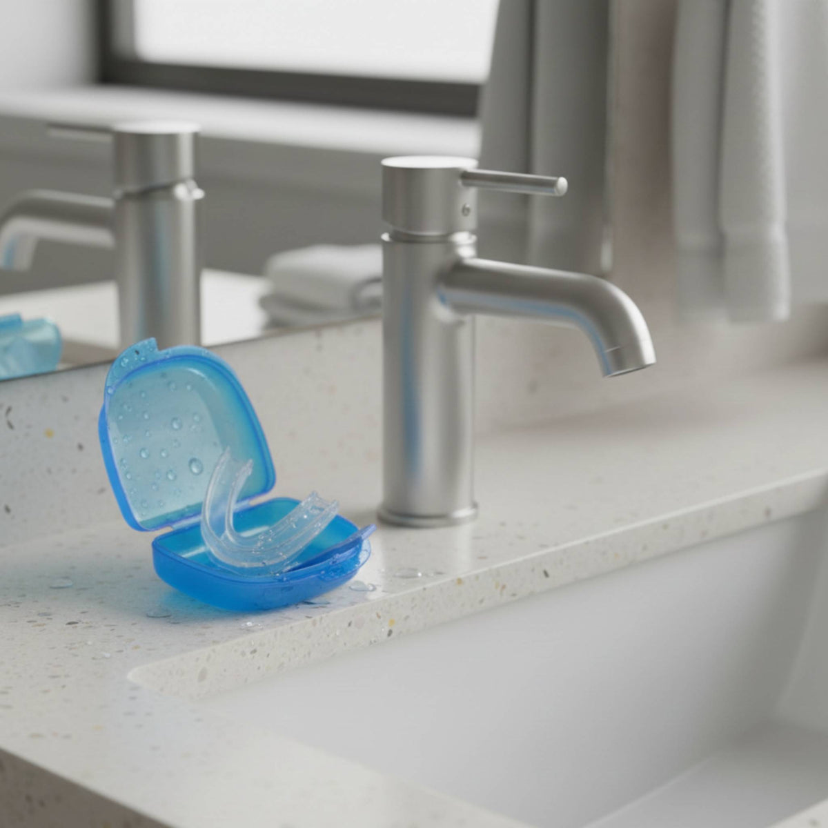 Comformidable Anti-Schnarch-Mundstück in einer blauen Hygiene-Aufbewahrungsbox auf einem Waschbecken.