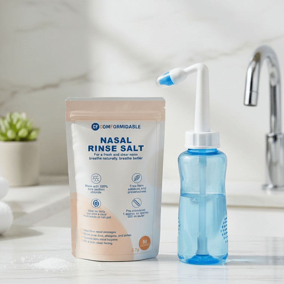 Komplettes Set für die Nasenhygiene, bestehend aus einer blauen Nasenspülflasche und einer Großpackung Nasensalz.