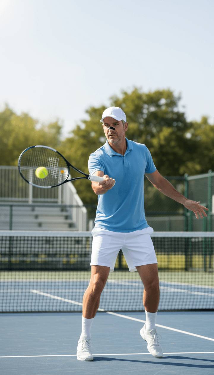 Mann spielt Tennis auf einem Außenplatz und trägt dabei einen schwarzen Nasenstrip