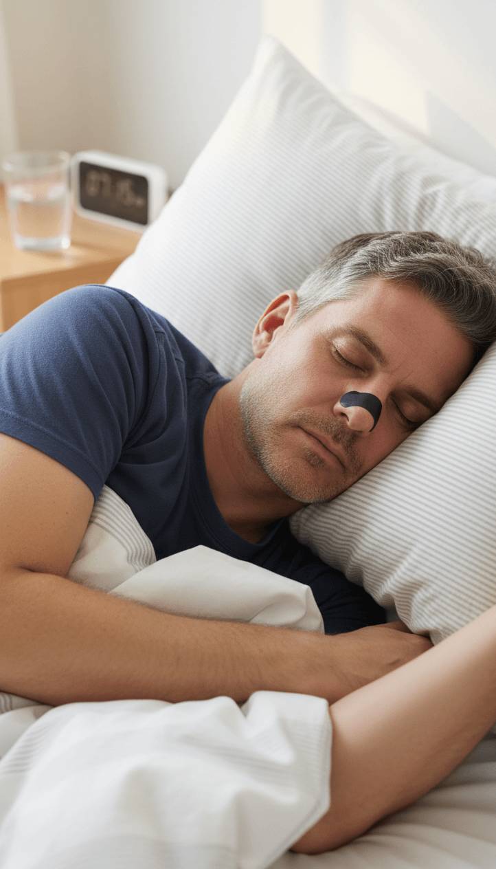 Schlafender Mann auf einem Kissen mit einem schwarzen Nasenpflaster auf der Nase