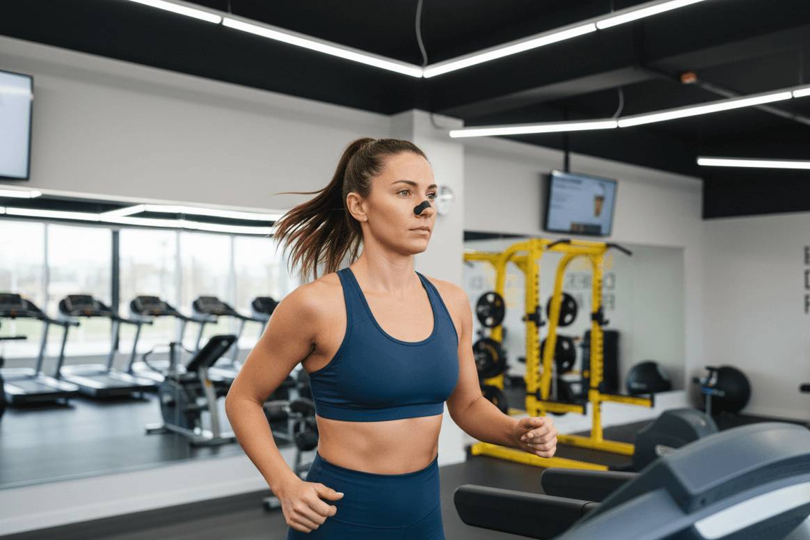 Frau läuft auf einem Laufband im Fitnessstudio mit einem Nasenstrip