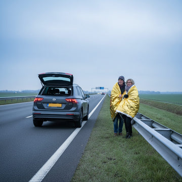 Zwei Menschen stehen an der Autobahn bei einem Auto mit offener Heckklappe, eingehüllt in eine goldene Notfalldecke