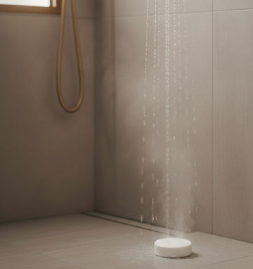 Eine weiße Aromatherapie-Shower-Steamer-Tablette auf einem grauen Duschboden, knapp außerhalb des direkten Wasserstrahls platziert für eine allmähliche Verteilung des duftenden Dampfes.