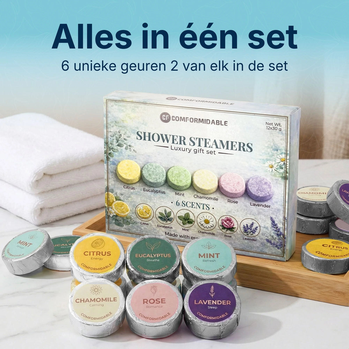 Comformidable Shower Steamers Set mit 6 verschiedenen Düften, zwei Tabletten je Duft in einer Packung