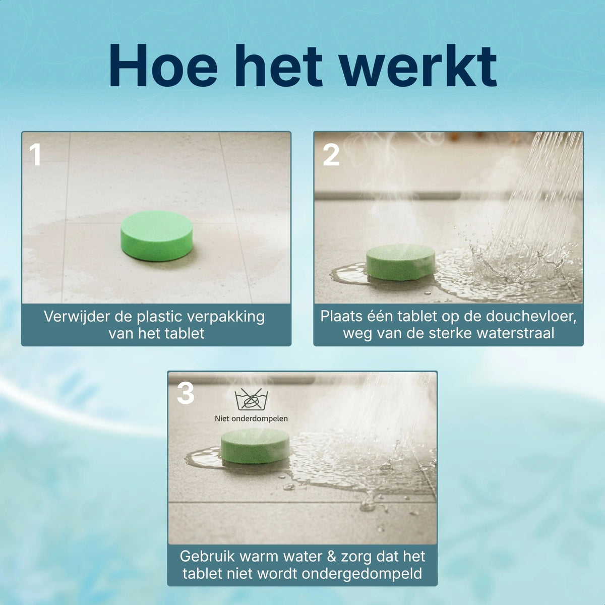 Schritt-für-Schritt-Erklärung, wie du den Comformidable Shower Steamer verwendest: Verpackung entfernen, auf die Duschmatte legen und genießen