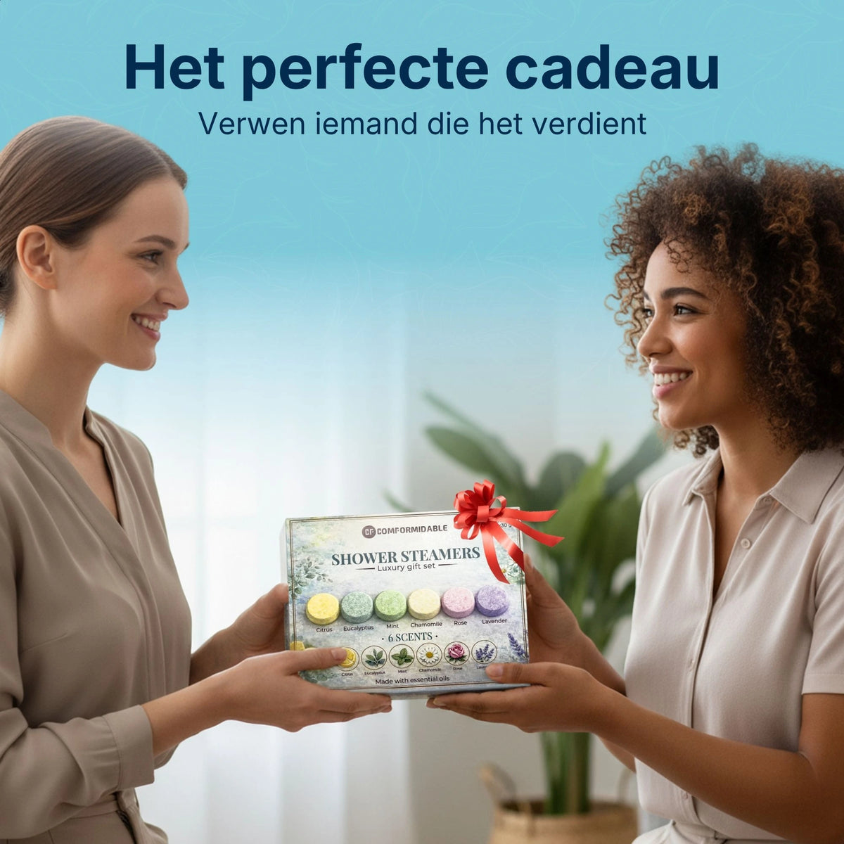 Frau verschenkt Comformidable Shower Steamers, das perfekte Geschenk für Selbstfürsorge und Entspannung