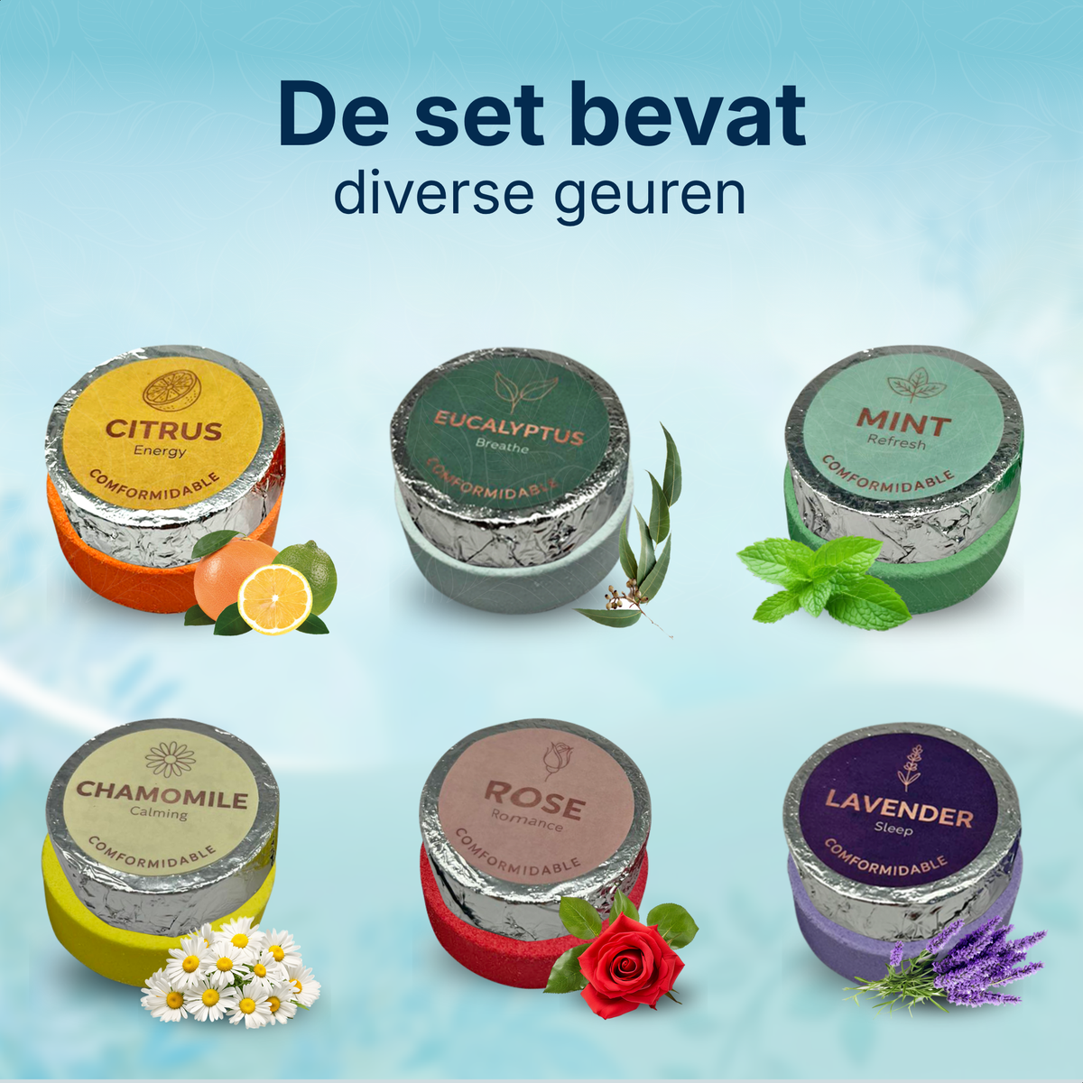 Übersicht aller sechs Düfte im Comformidable Shower Steamers Set: Citrus, Minze, Eukalyptus, Rose, Kamille, Lavendel