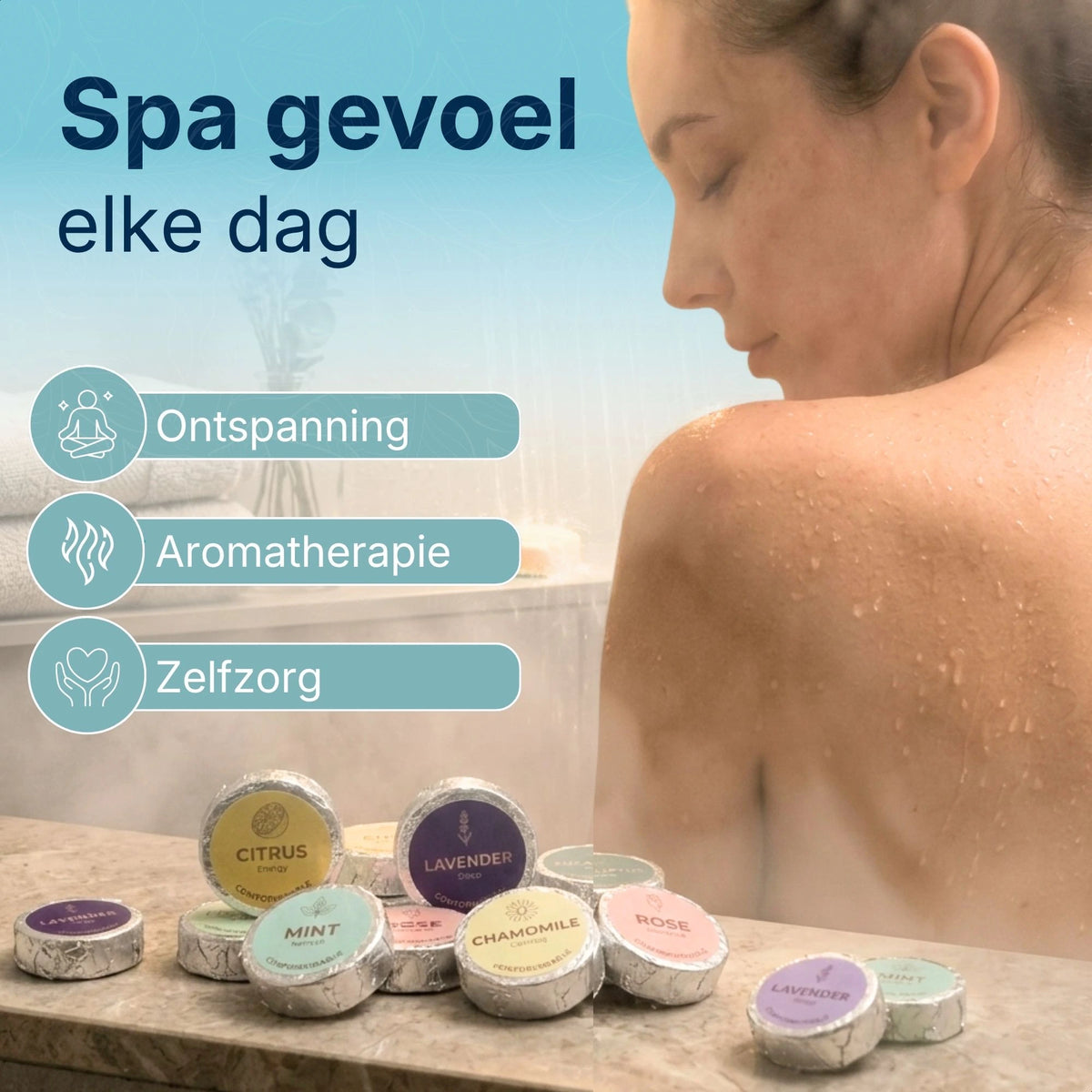 Frau genießt Spa-Gefühl in der Dusche mit Comformidable Shower Steamers, Entspannung, Aromatherapie und Selbstfürsorge