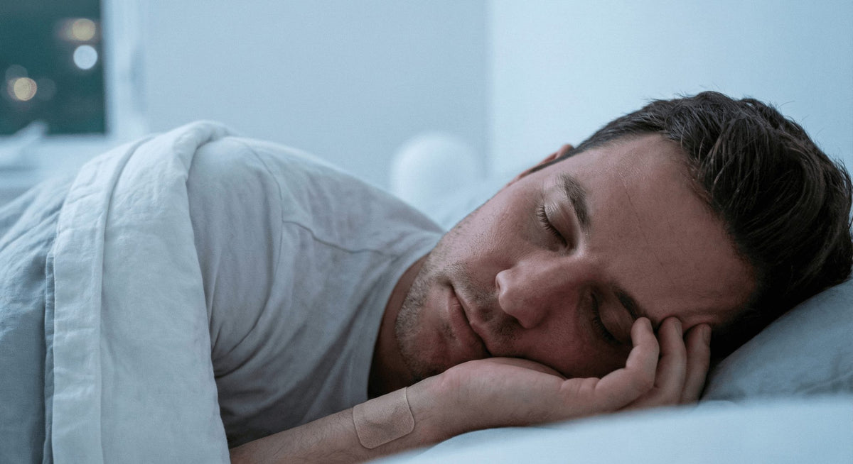 Schlafender Mann mit einem sichtbaren Schlafpflaster am Arm