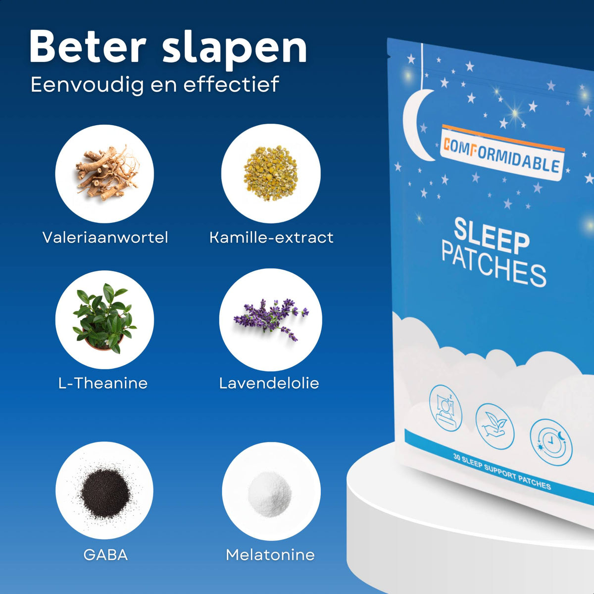 Übersicht der natürlichen Inhaltsstoffe in Schlafpflastern, darunter Baldrianwurzel, Kamillenextrakt, L-Theanin, Lavendelöl, GABA und Melatonin, neben der Produktverpackung.