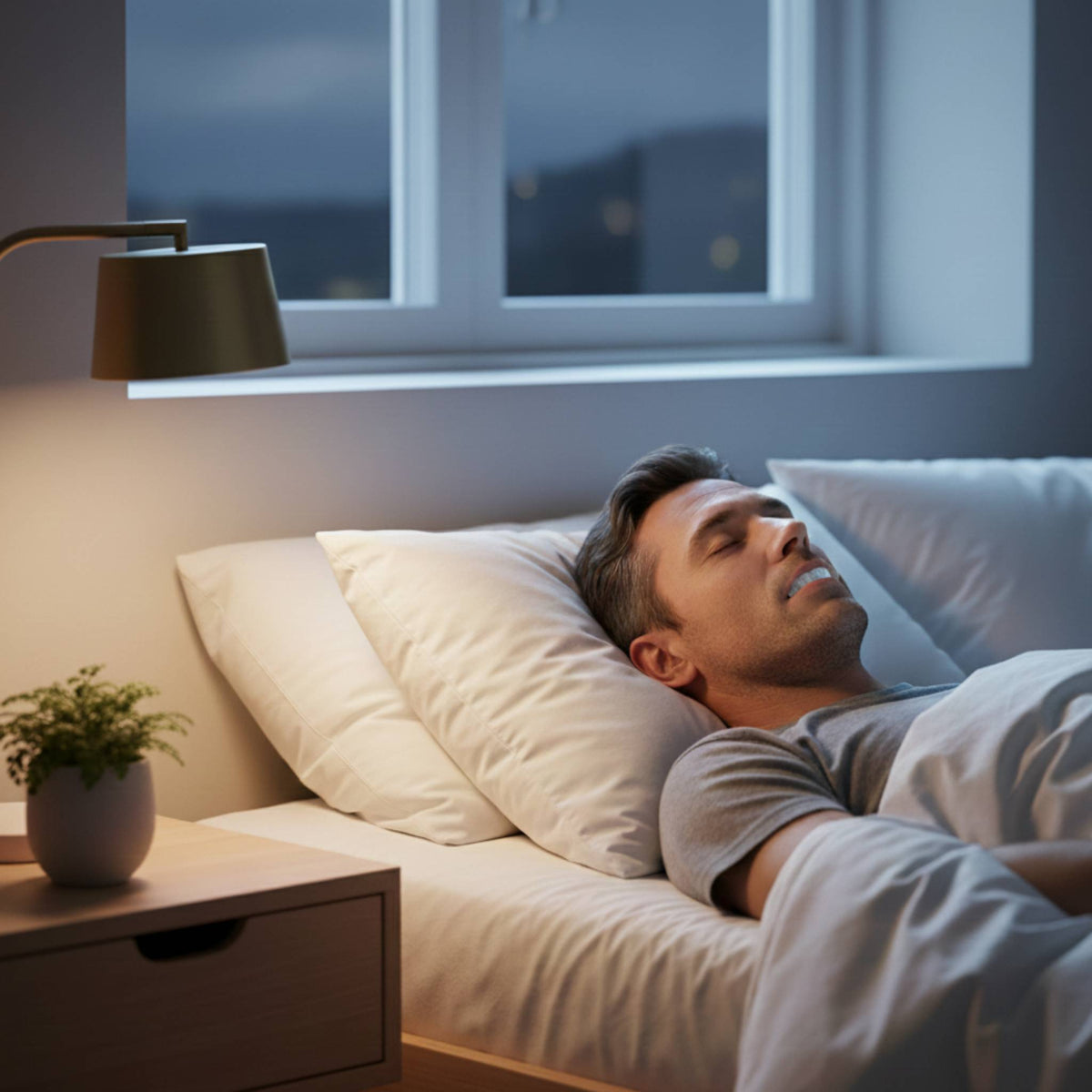 Mann genießt einen ungestörten Schlaf ohne Schnarchen mit dem Comformidable Mundstück.