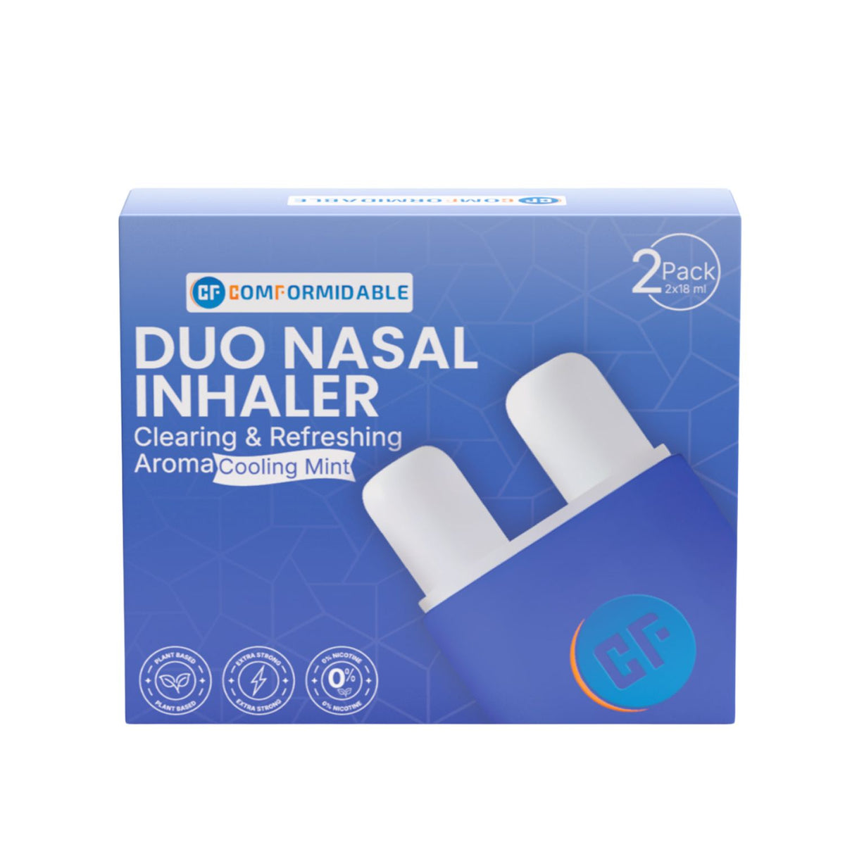 Blaue Verpackung des Duo Mint Inhaler von Comformidable