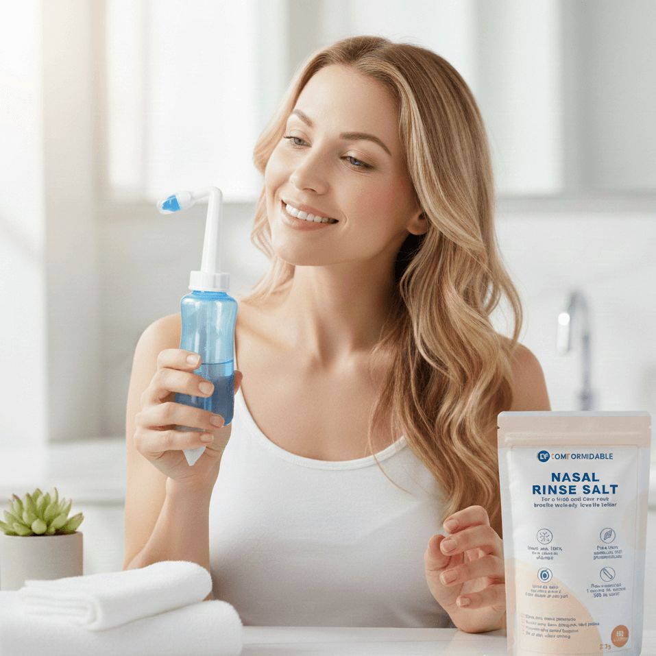 Lachende Frau hält eine blaue Nasenspülflasche neben einer Packung Nasal Rinse Salt im Badezimmer.