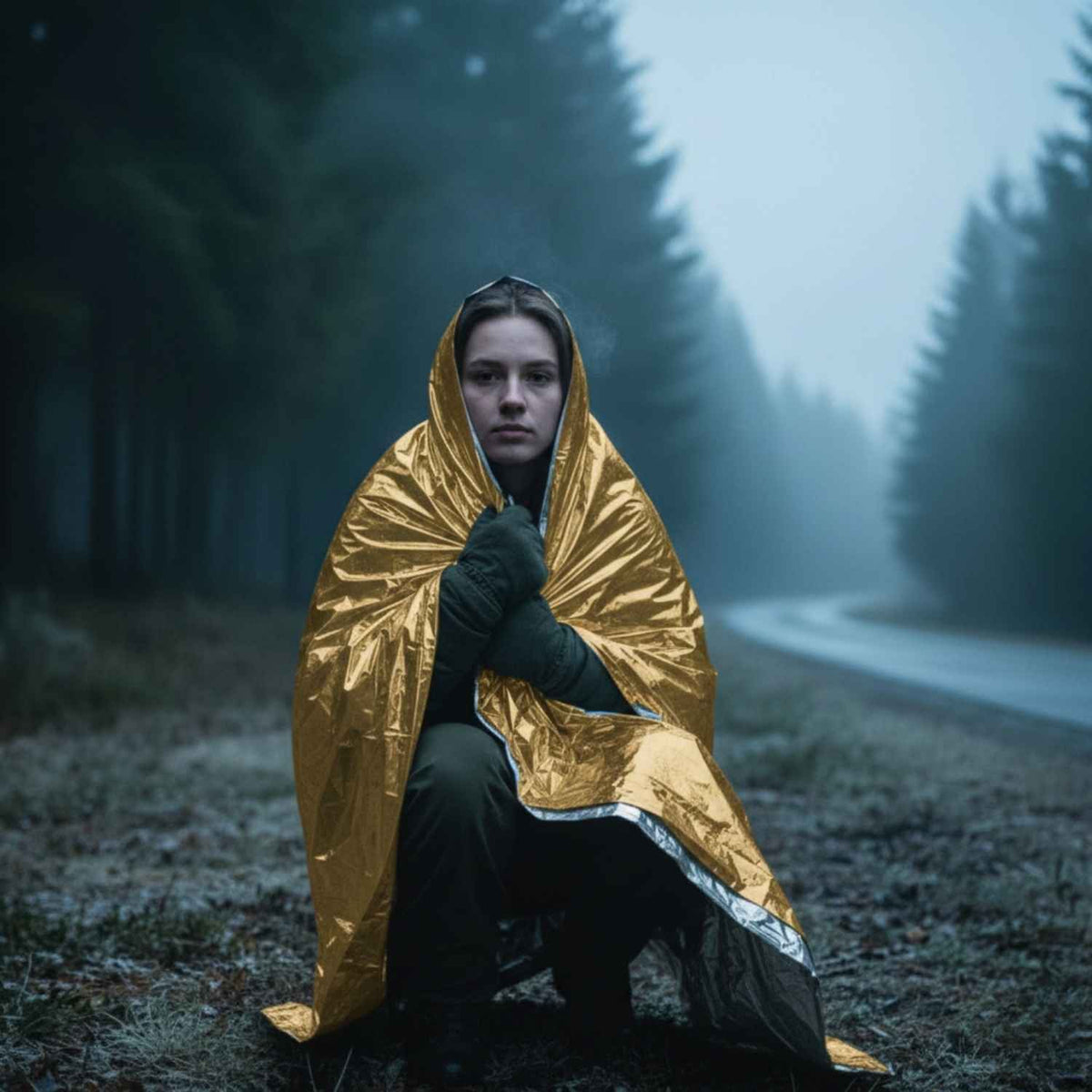 Frau im Wald schützt sich mit einer silbernen Comformidable Rettungsdecke vor Unterkühlung.