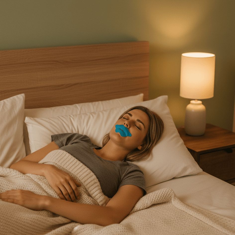 Frau schläft friedlich im Bett mit einem blauen Mundstreifen, um Schnarchen zu vermeiden und die Schlafqualität zu verbessern.