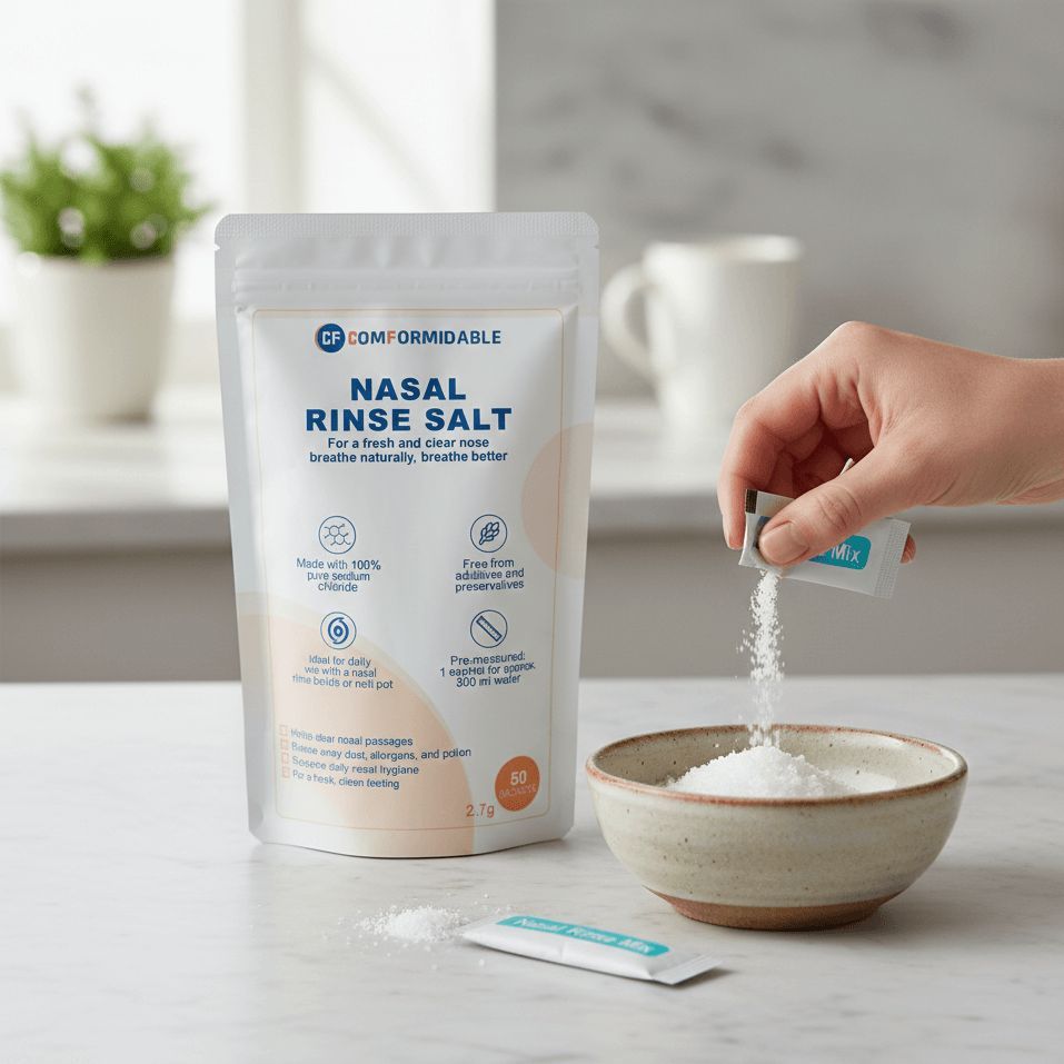 Jemand gibt einen Beutel Nasal Rinse Salt in eine Schale, um eine Nasenspülung vorzubereiten.